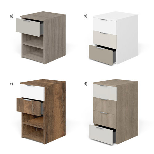 Bedside units and drawers are available in a mixture of colour combinations