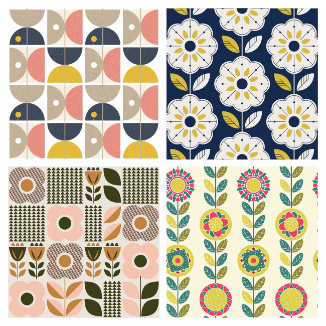 Scandinavian furnishing fabric patterns featuring simple, geometric or abstract forms and natural themes in pastel or bright, contrasting colors