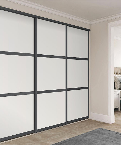 Grey Shaker-style sliding wardrobe doors