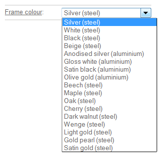 Frame colour choices