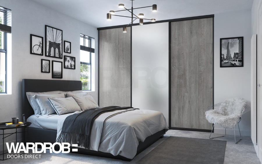 Grey Brown River Oak (wood) and Satin Silver mirror (frosted) sliding wardrobe doors with Black frame and tracks.