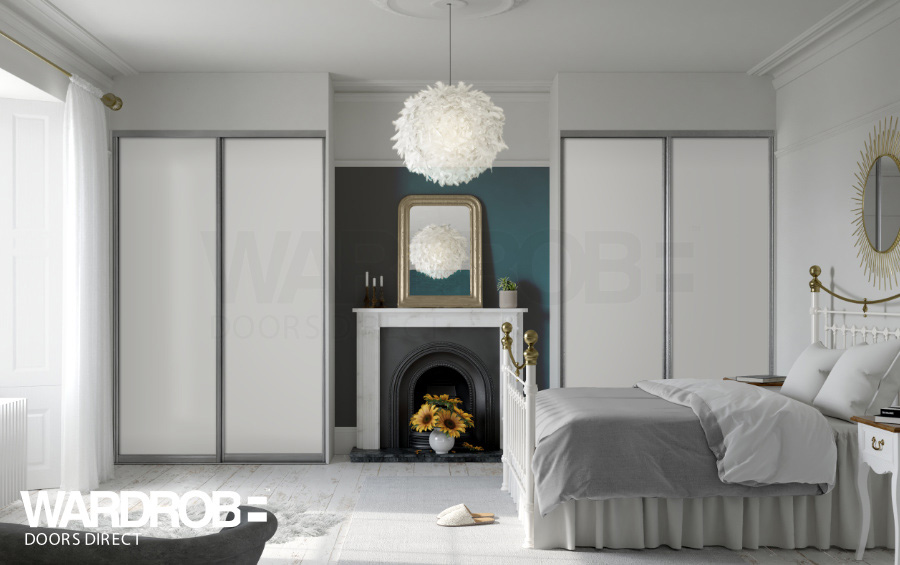 Premium White (wood) sliding wardrobe doors with Silver frame and tracks.