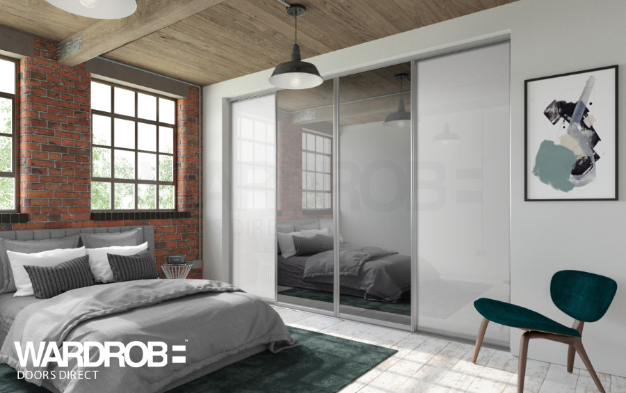 Pure White glass and Grey mirror sliding wardrobe doors with Silver frame and tracks.