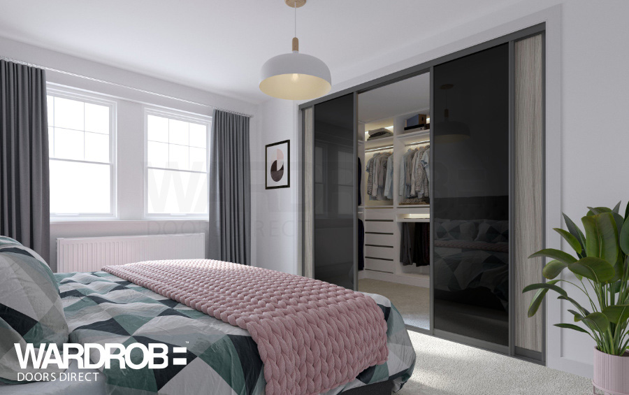 Shorewood (wood) and Black glass sliding wardrobe doors with Graphite Grey frame and tracks.