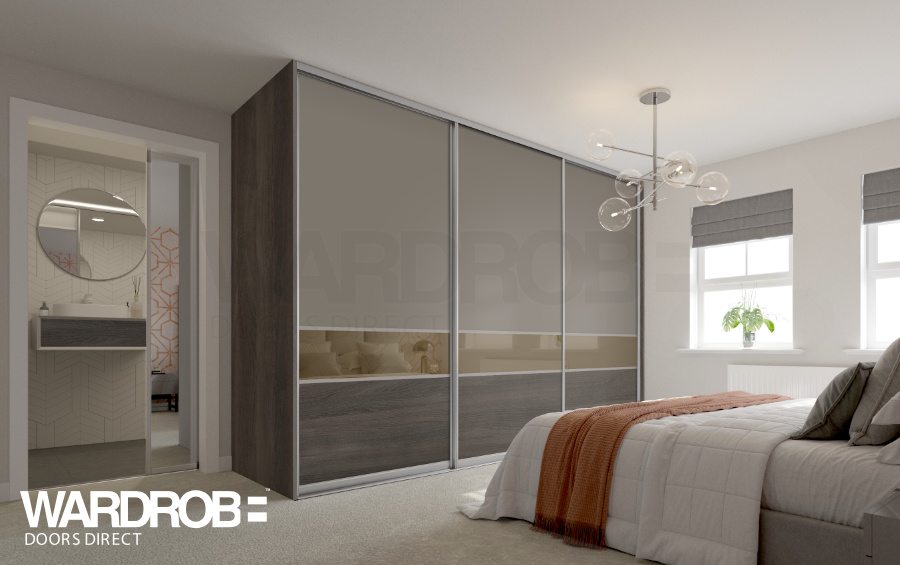 Stone Grey (wood), Bronze mirror and Truffle Brown Branson Robinia (wood) sliding wardrobe doors with Silver frame and tracks.