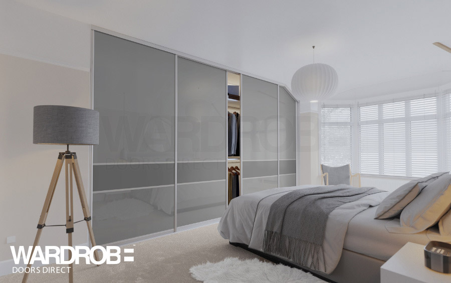Storm Grey glass and Dust Grey (wood) sliding wardrobe doors with Silver frame and tracks.