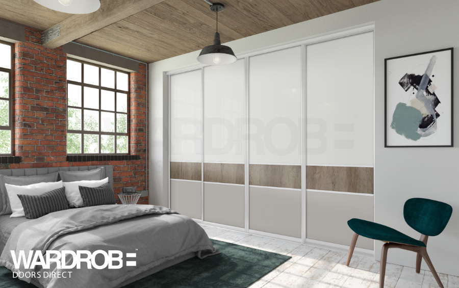 Premium White (wood), Grey Nebraska Oak (wood) and Cashmere (wood) sliding wardrobe doors with White frame and tracks.