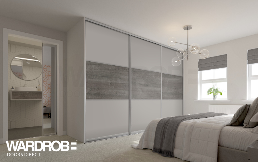 Cashmere (wood) and Grey Brown Whiteriver Oak (wood) sliding wardrobe doors with Silver frame and tracks.