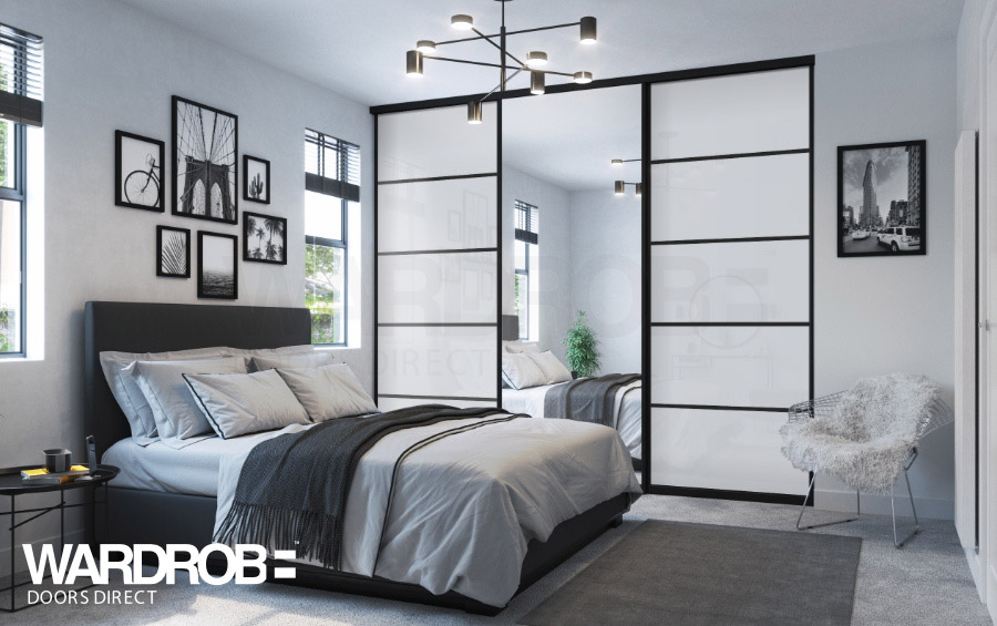 Pure White glass and Silver mirror sliding wardrobe doors with Black frame and tracks.