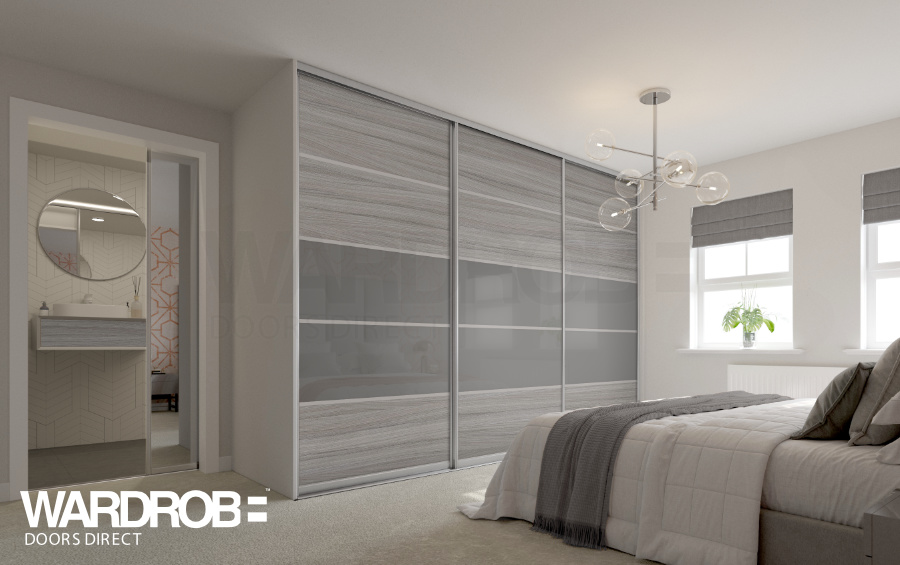 Shorewood and Storm Grey glass sliding wardrobe doors with Silver frame and tracks.