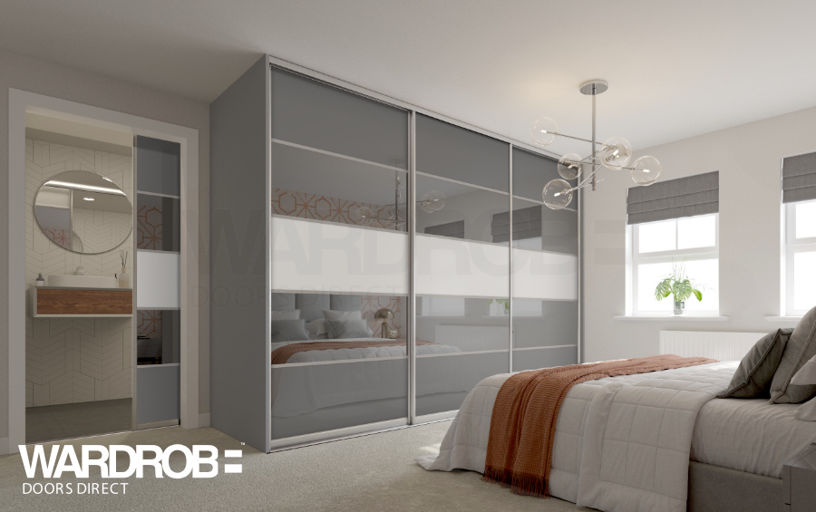 Storm Grey glass, Grey mirror and Premium White (wood) sliding wardrobe doors with Silver frame and tracks.