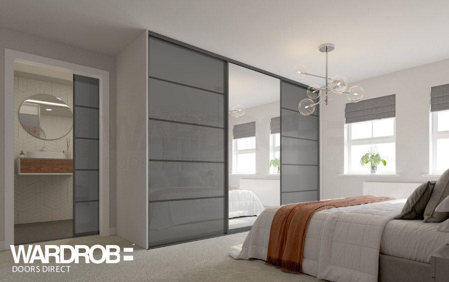 Storm Grey glass and Silver mirror sliding wardrobe doors with Graphite Grey frame and tracks.