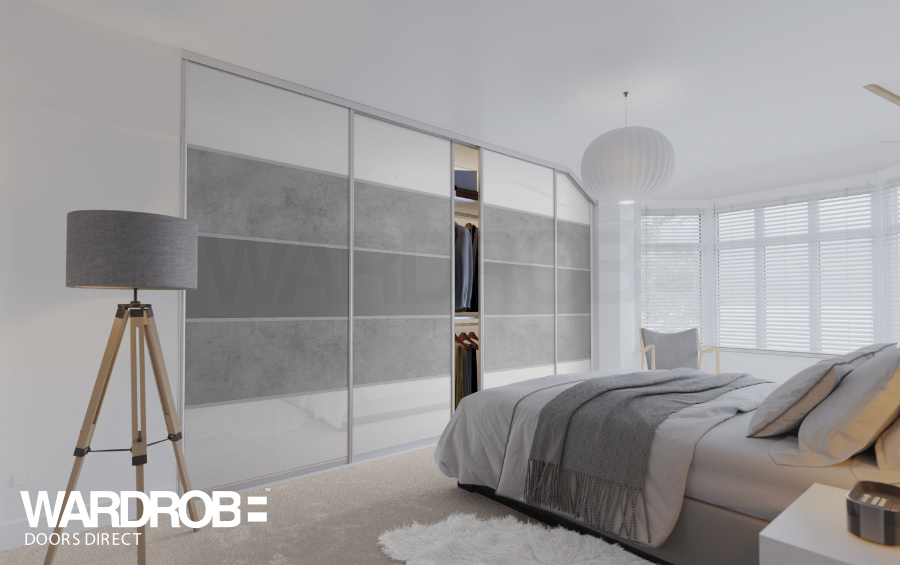 Pure White glass and Light Grey Chicago Concrete (wood) and Dust Grey (wood) sliding wardrobe doors with Silver frame and tracks.