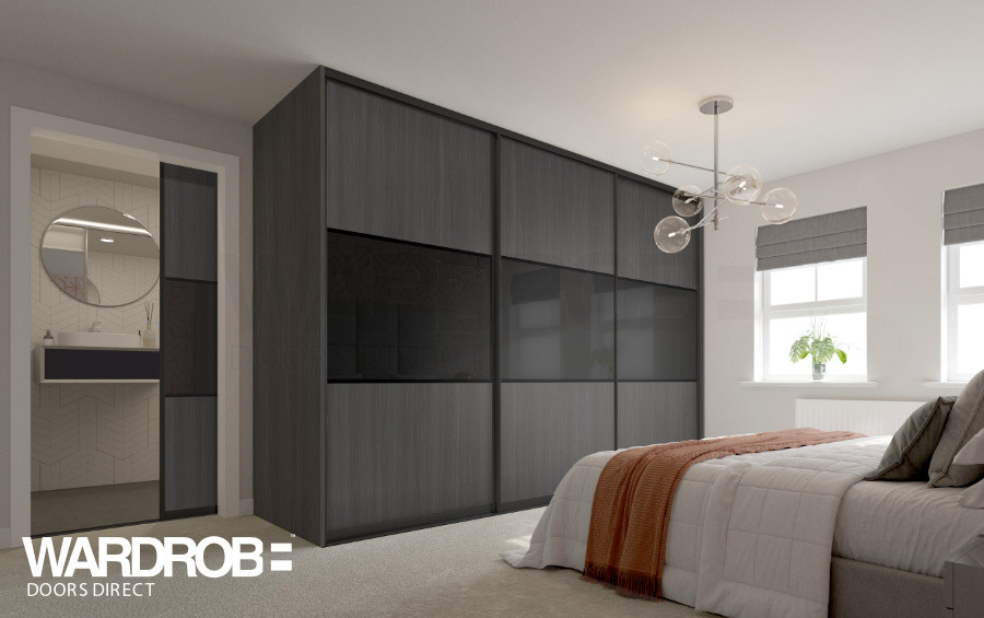 Anthracite Fineline Metallic (wood) and Black glass sliding wardrobe doors with Black frame and tracks.