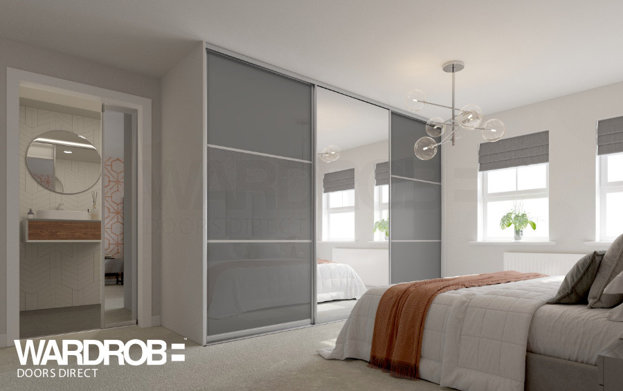 Storm Grey glass and Silver mirror sliding wardrobe doors with Silver frame and tracks.