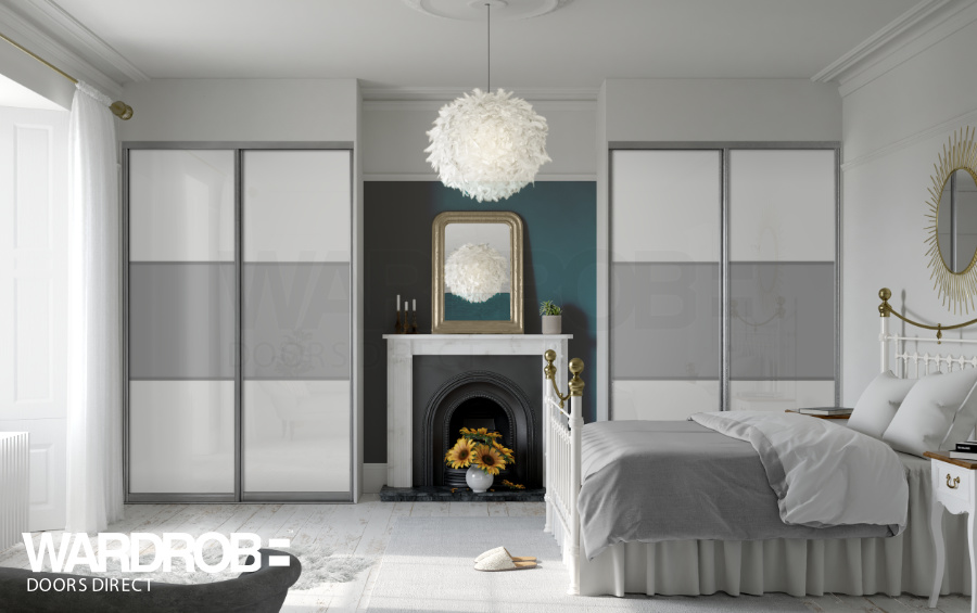 Pure White glass and Storm Grey glass sliding wardrobe doors with Silver frame and tracks.