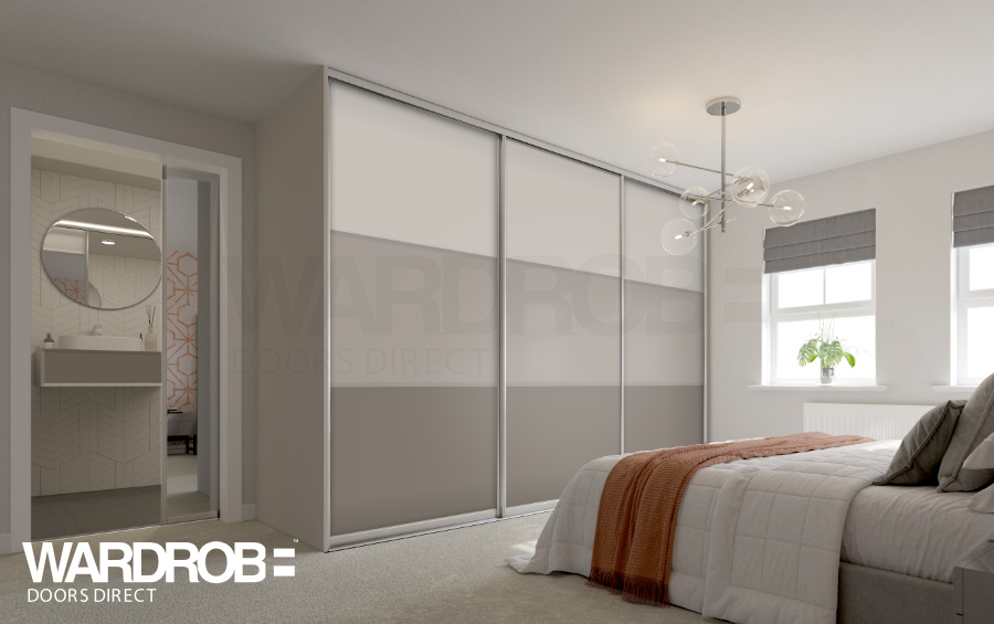White Grey (wood), Cashmere (wood) and Stone Grey (wood) sliding wardrobe doors with Silver frame and tracks.