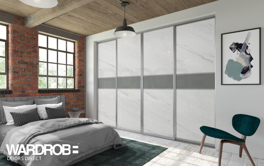 Levanto Marble (wood) and Dust Grey (wood) sliding wardrobe doors with Silver frame and tracks.