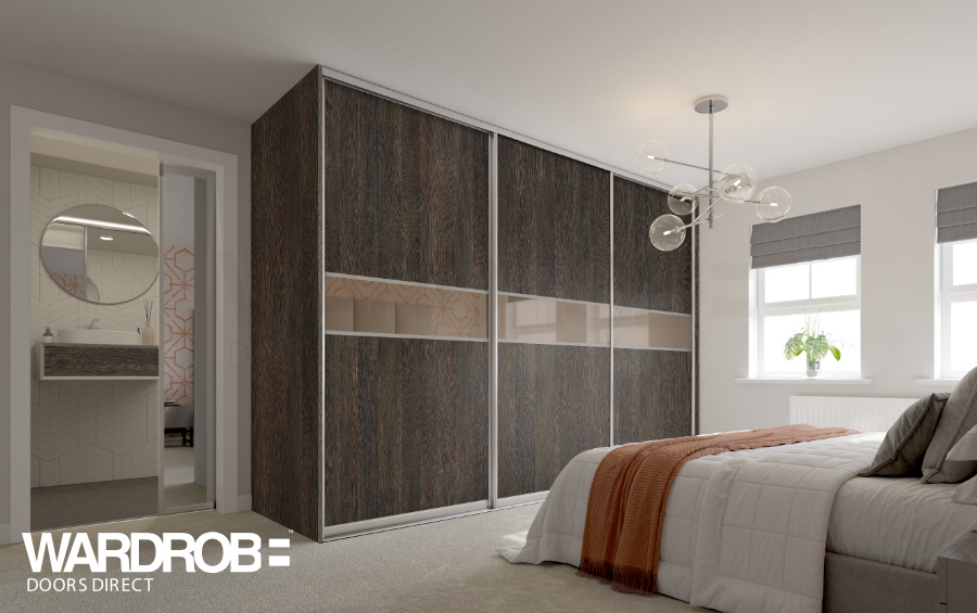 Mali Wenge (wood) and Bronze mirror sliding wardrobe doors with Silver frame and tracks.