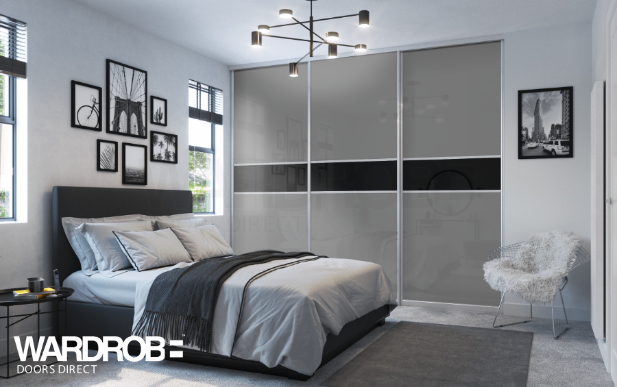 Storm Grey glass and Black glass sliding wardrobe doors with Silver frame and tracks.