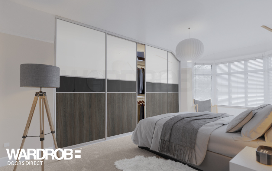 Pure White glass, Black glass and Truffle Brown Branson Robinia (wood) sliding wardrobe doors with Silver frame and tracks.