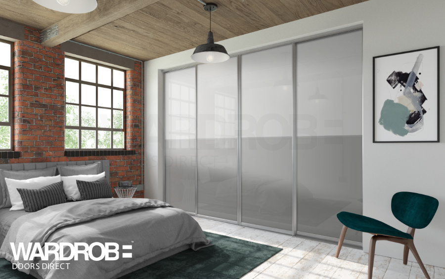 Chalk Grey glass and Storm Grey glass sliding wardrobe doors with Silver frame and tracks.