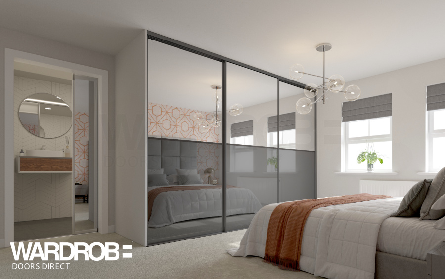 Silver mirror and Grey mirror sliding wardrobe doors with Graphite Grey frame and tracks.