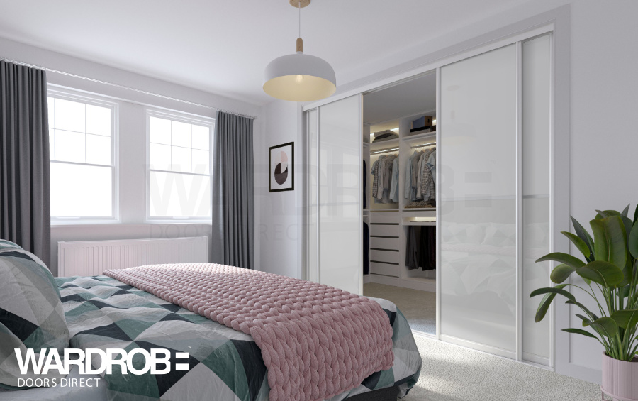 Pure White glass and Soft White glass sliding wardrobe doors with White frame and tracks.
