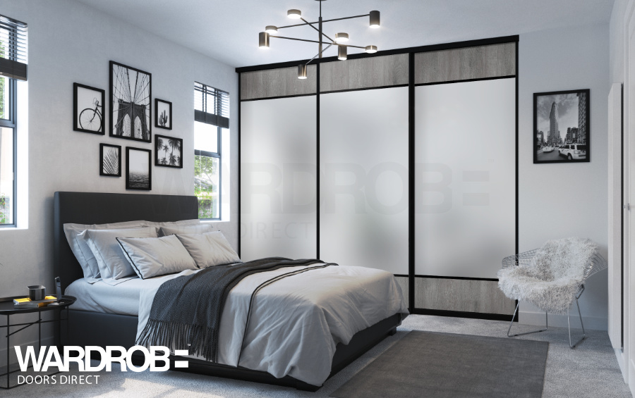 Grey Brown River Oak (wood) and Satin Silver mirror (frosted) glass sliding wardrobe doors with Black frame and tracks.