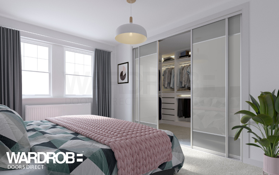 Storm grey glass and Chalk Grey glass sliding wardrobe doors with White frame and tracks.
