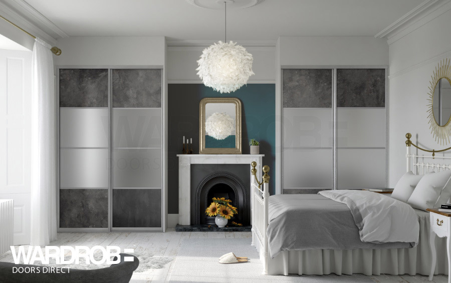 Anthracite Metal Rock (wood) and Satin Silver mirror (frosted) sliding wardrobe doors with Silver frame and tracks