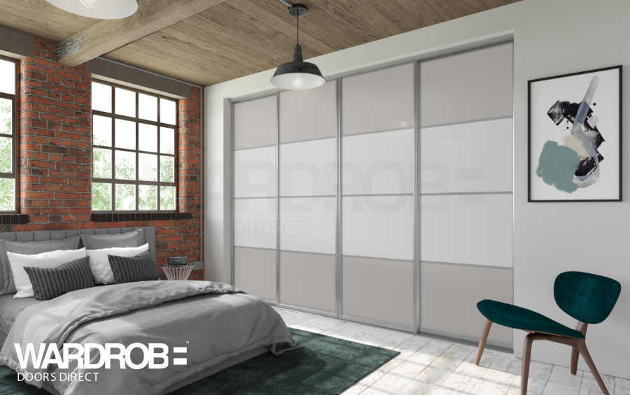 Cashmere (wood) and Premium White (wood) sliding wardrobe doors with Silver frame and tracks.