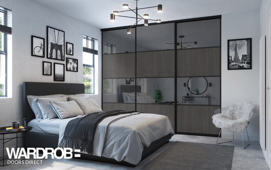 Grey mirror and Anthracite Fineline Metallic (wood) sliding wardrobe doors with Black frame and tracks.