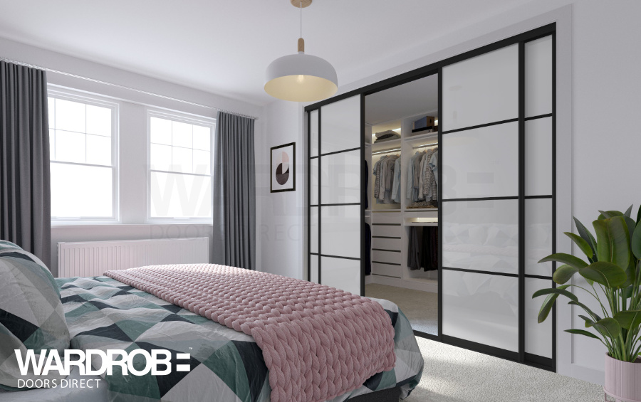 Pure White glass sliding wardrobe doors with Black frame and tracks.